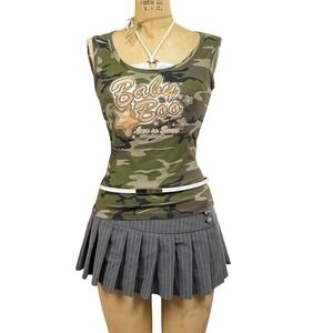 Y2K Streetwear Camo Tank Glitter Baby Boo Graphic 2000s McBling Small